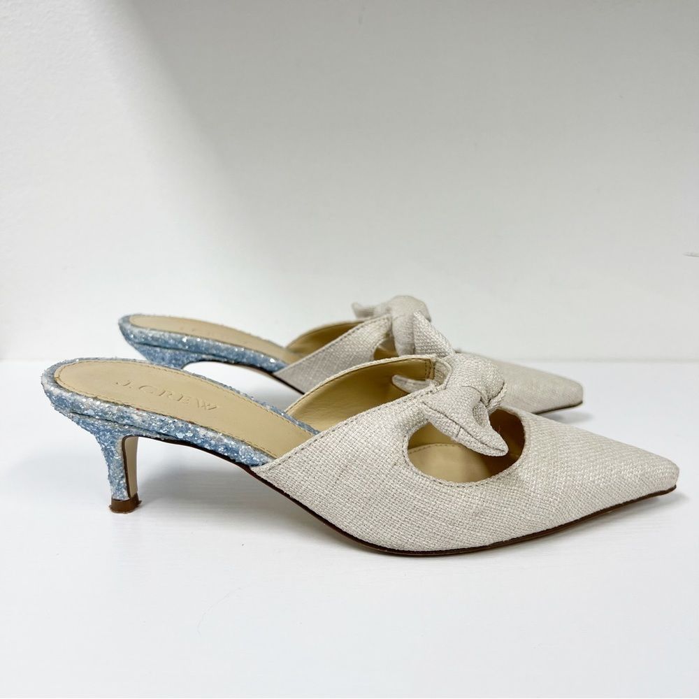J Crew Sophia Tie Slide Heel Mule Linen Glitter Vintage Champagne H5584